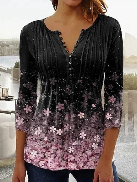 Lorette | Women's Floral Henley 3/4 Sleeve Blouse - White - Image 10