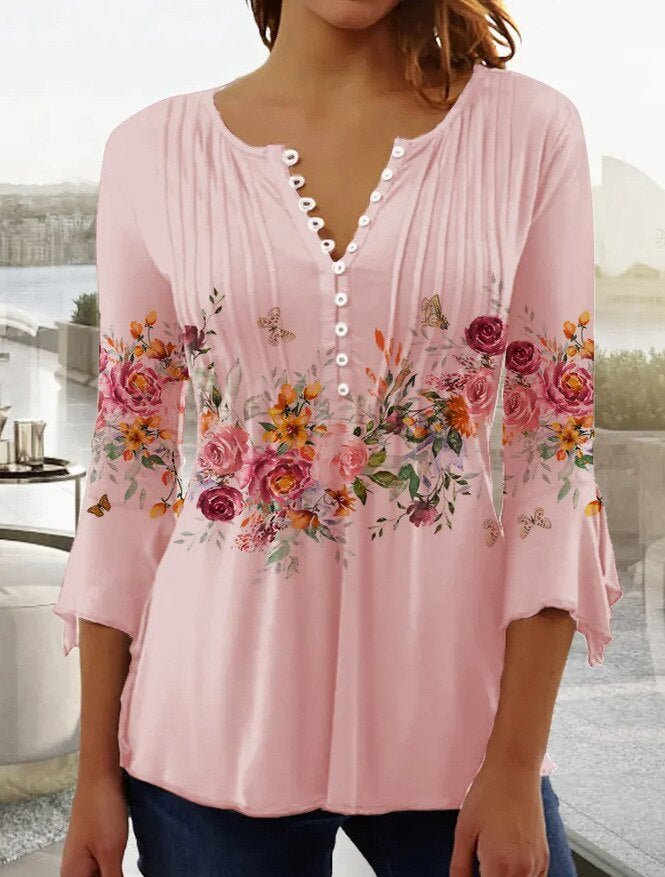 Lorette | Women's Floral Henley 3/4 Sleeve Blouse - White - Image 2