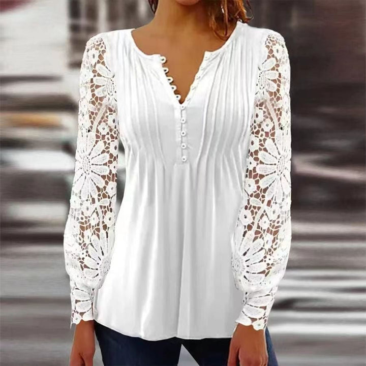 Lorette | Women's Floral Henley 3/4 Sleeve Blouse - White - Image 3