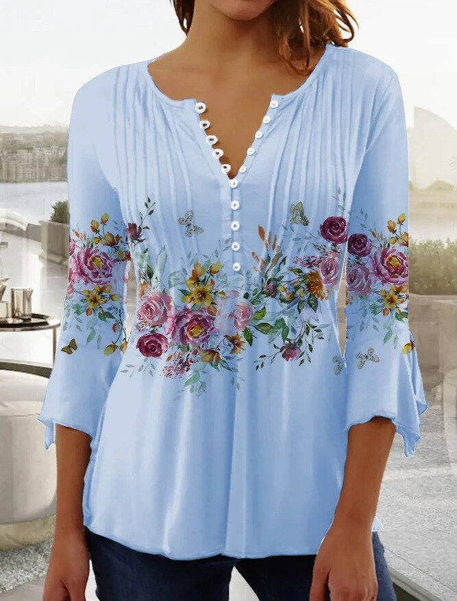 Lorette | Women's Floral Henley 3/4 Sleeve Blouse - White - Image 4