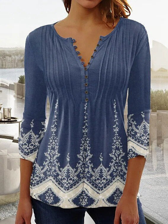 Lorette | Women's Floral Henley 3/4 Sleeve Blouse - White - Image 5