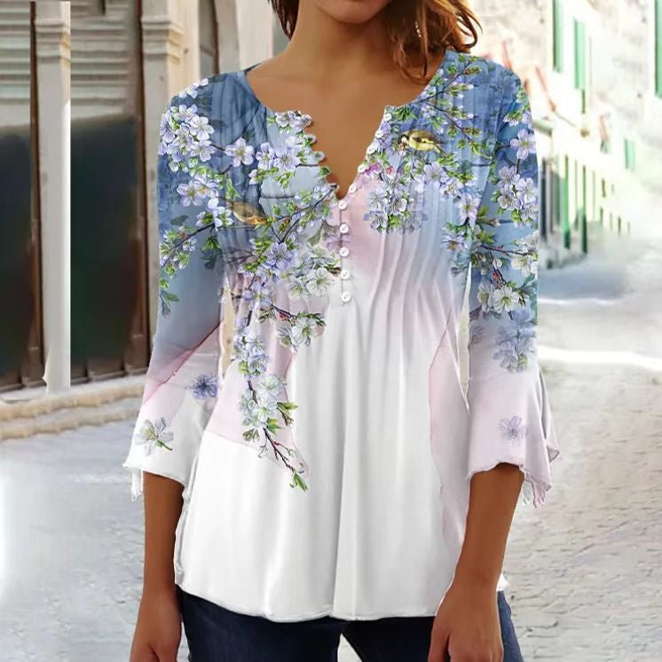 Lorette | Women's Floral Henley 3/4 Sleeve Blouse - White - Image 7