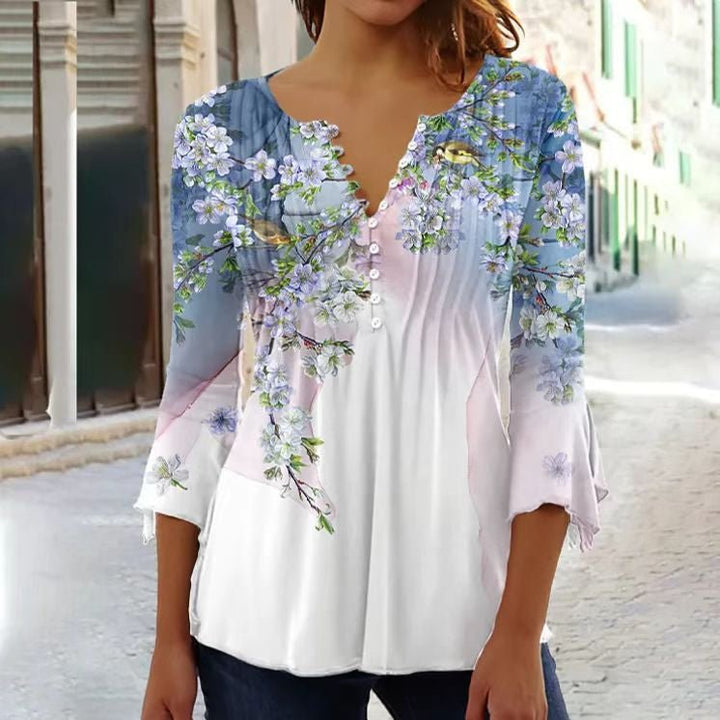 Lorette | Women's Floral Henley 3/4 Sleeve Blouse - White - Image 7