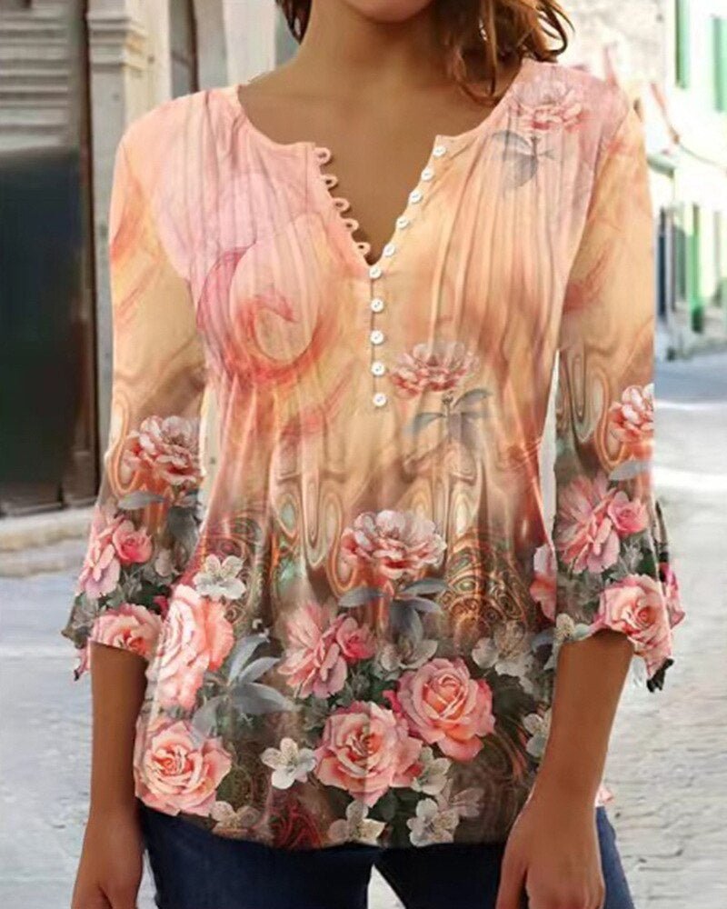 Lorette | Women's Floral Henley 3/4 Sleeve Blouse - White - Image 8