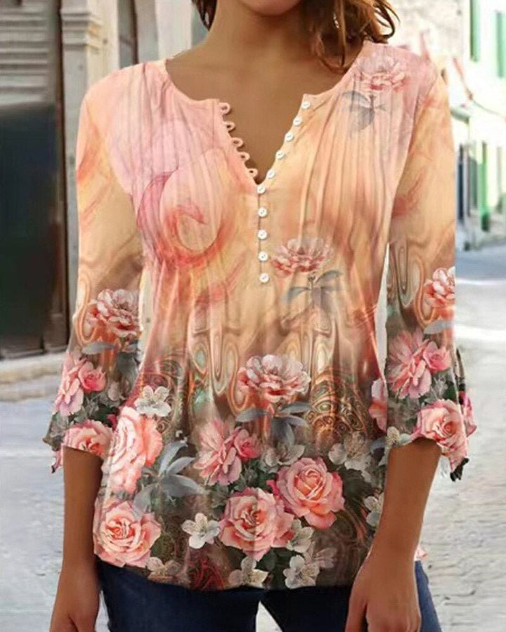 Lorette | Women's Floral Henley 3/4 Sleeve Blouse - White - Image 8
