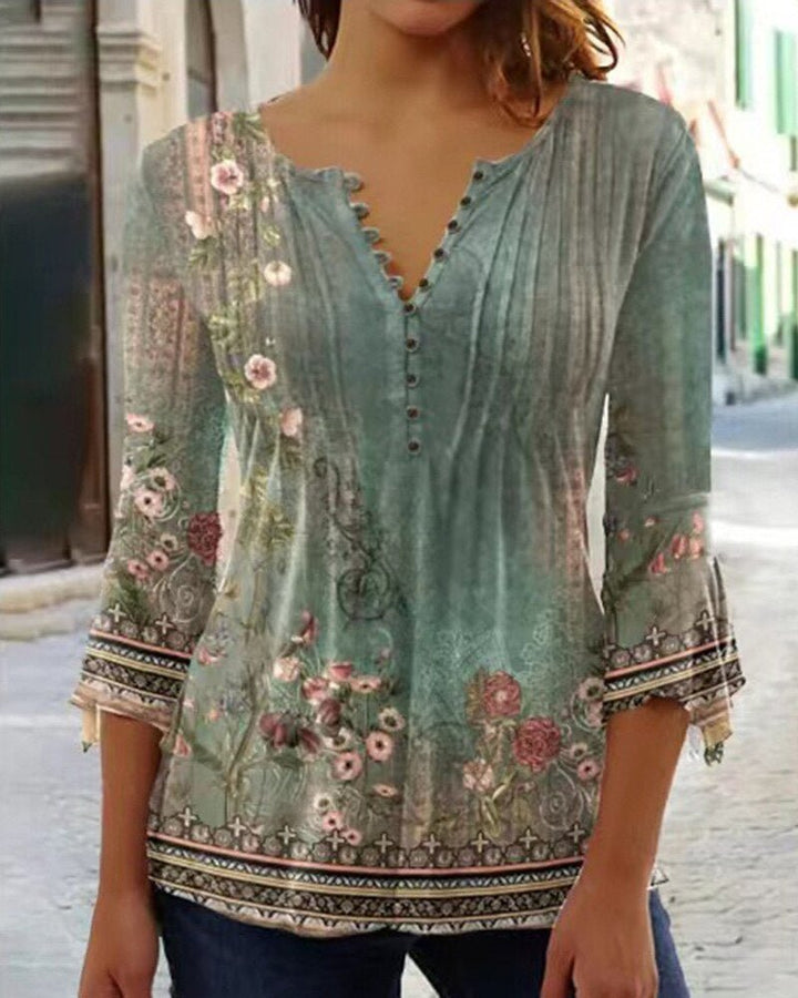 Lorette | Women's Floral Henley 3/4 Sleeve Blouse - White - Image 9