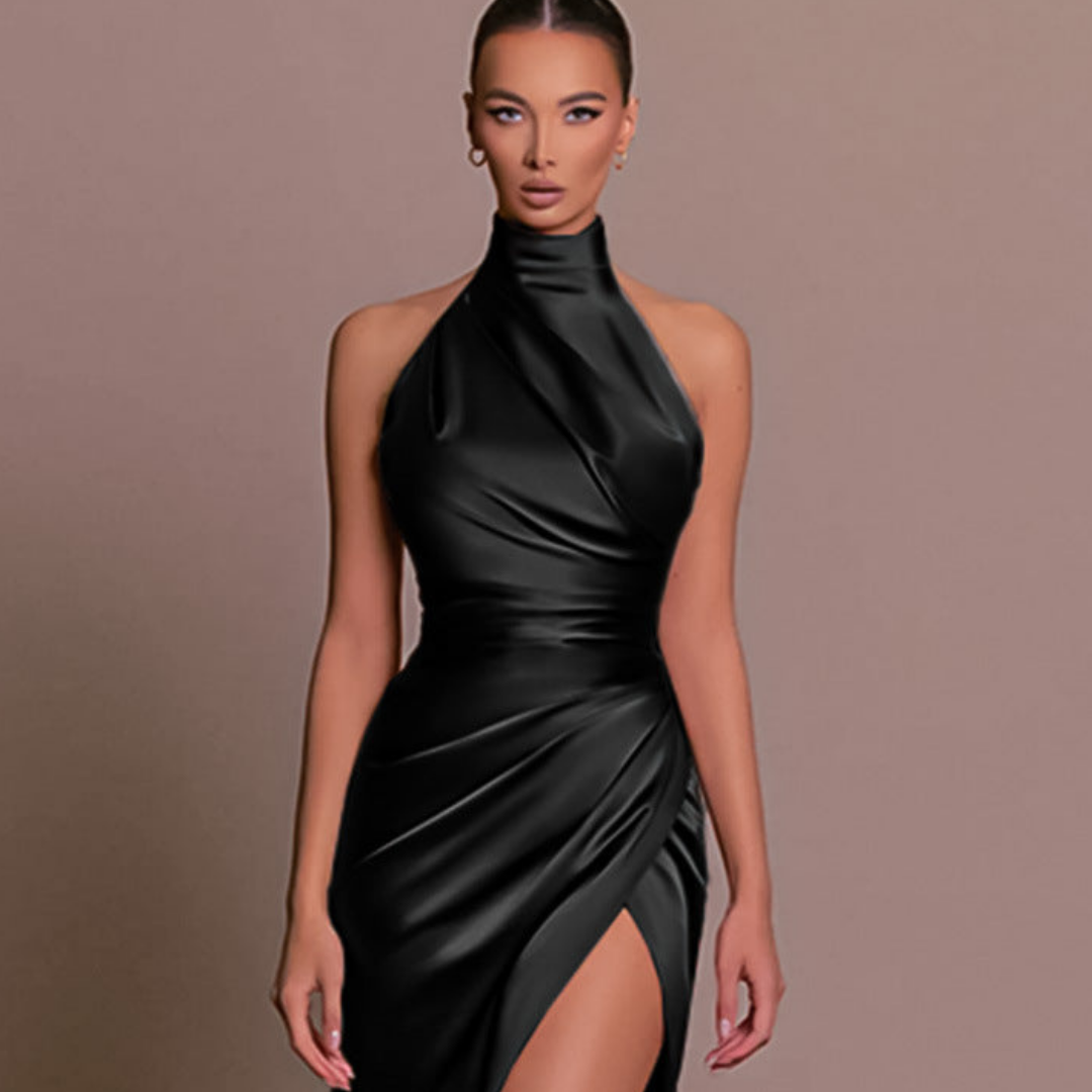 Lourdes | Women's Halter Neck Ruched Midi Dress - Black - Image 1