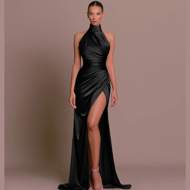 Lourdes | Women's Halter Neck Ruched Midi Dress - Black - Image 4