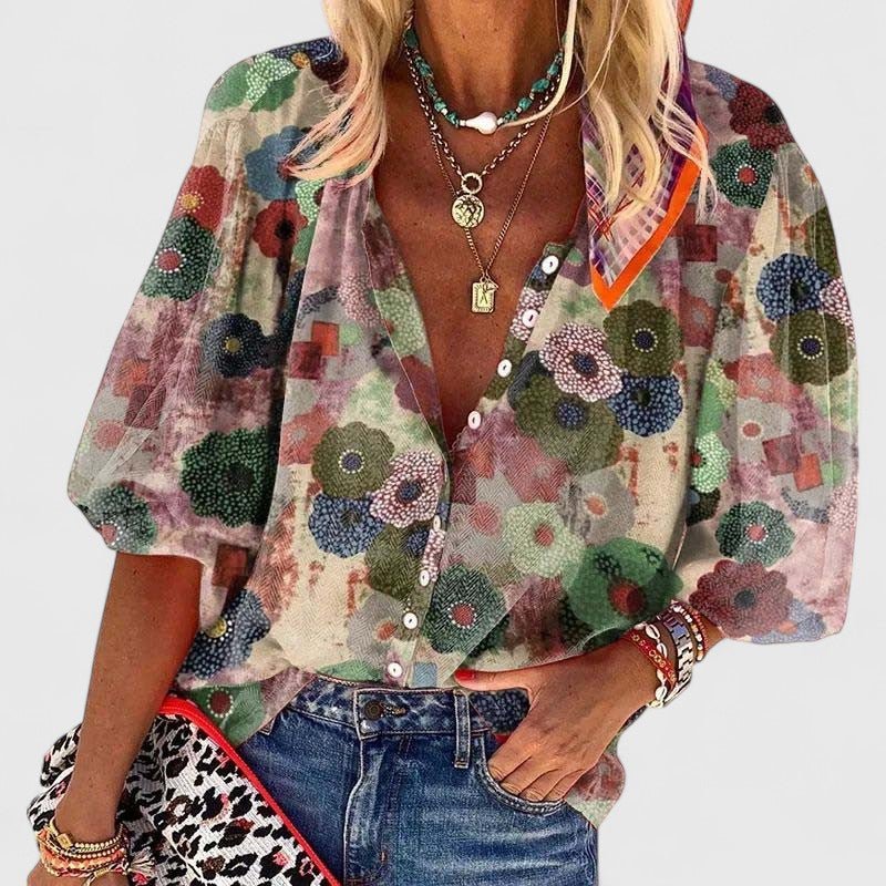 Luelle | Women's Floral Print V-Neck Button-Down Blouse - Floral - Image 1