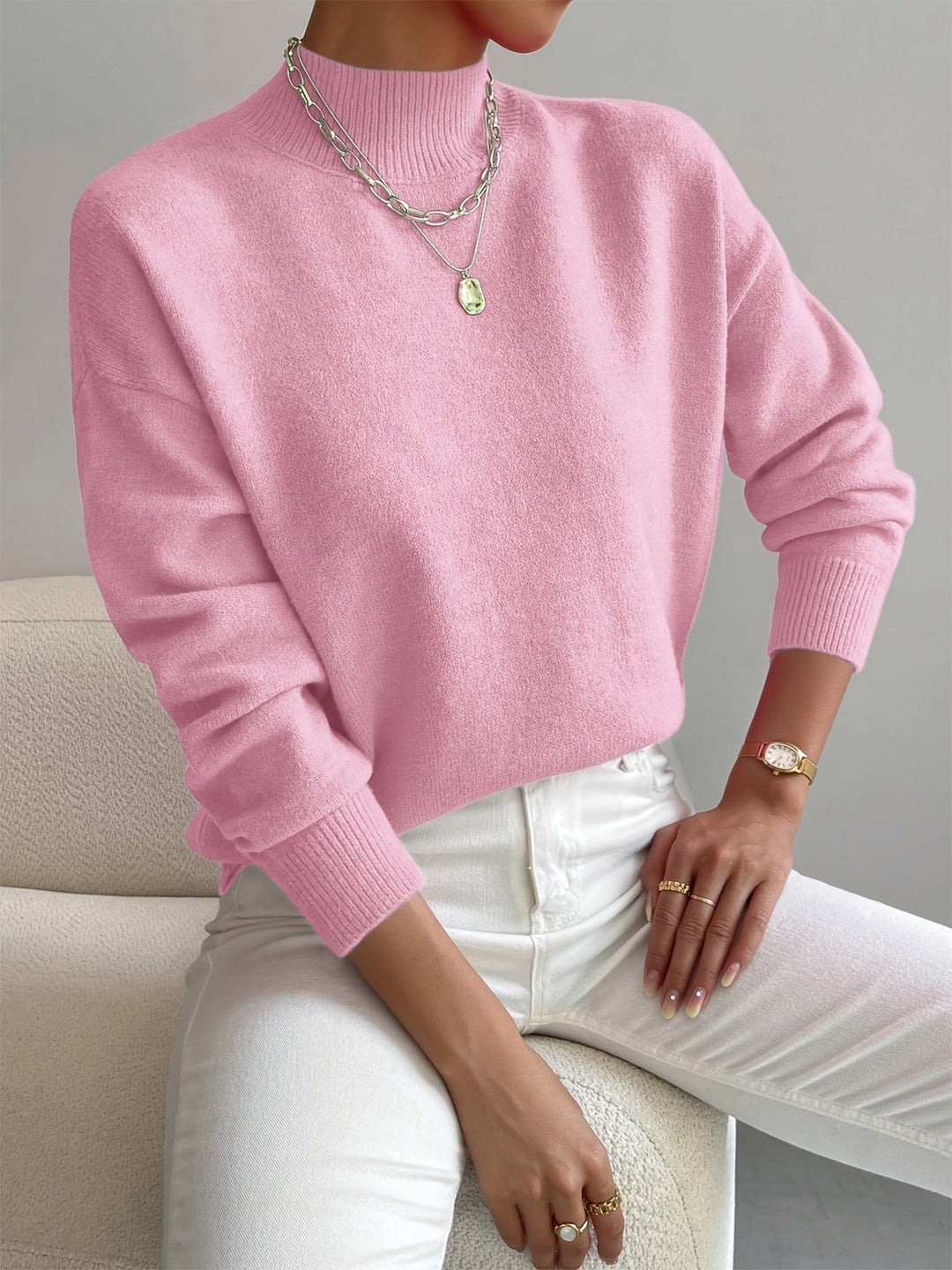 Maren | Women's Mock Neck Relaxed Fit Sweater - White - Image 2
