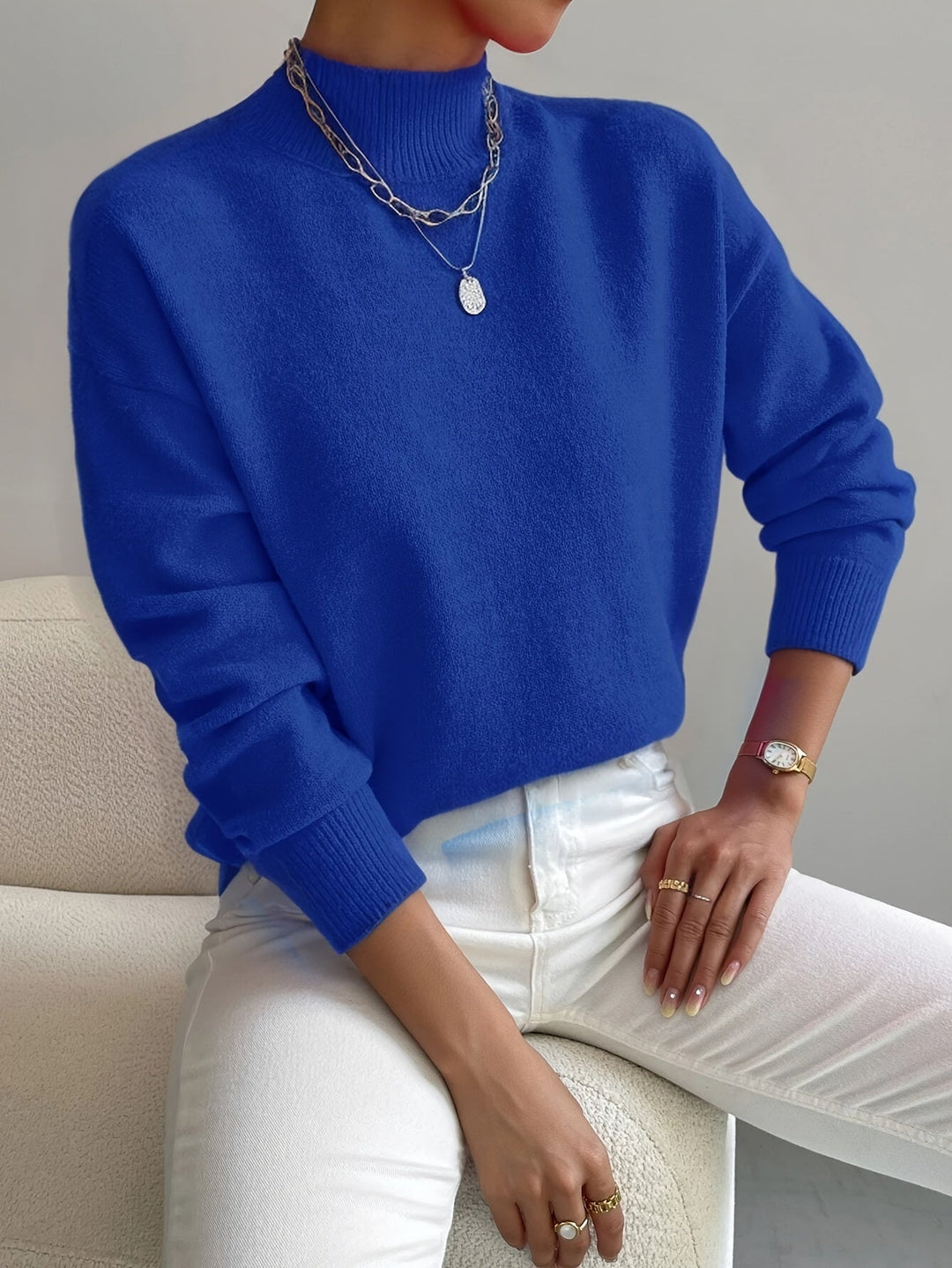 Maren | Women's Mock Neck Relaxed Fit Sweater - White - Image 7