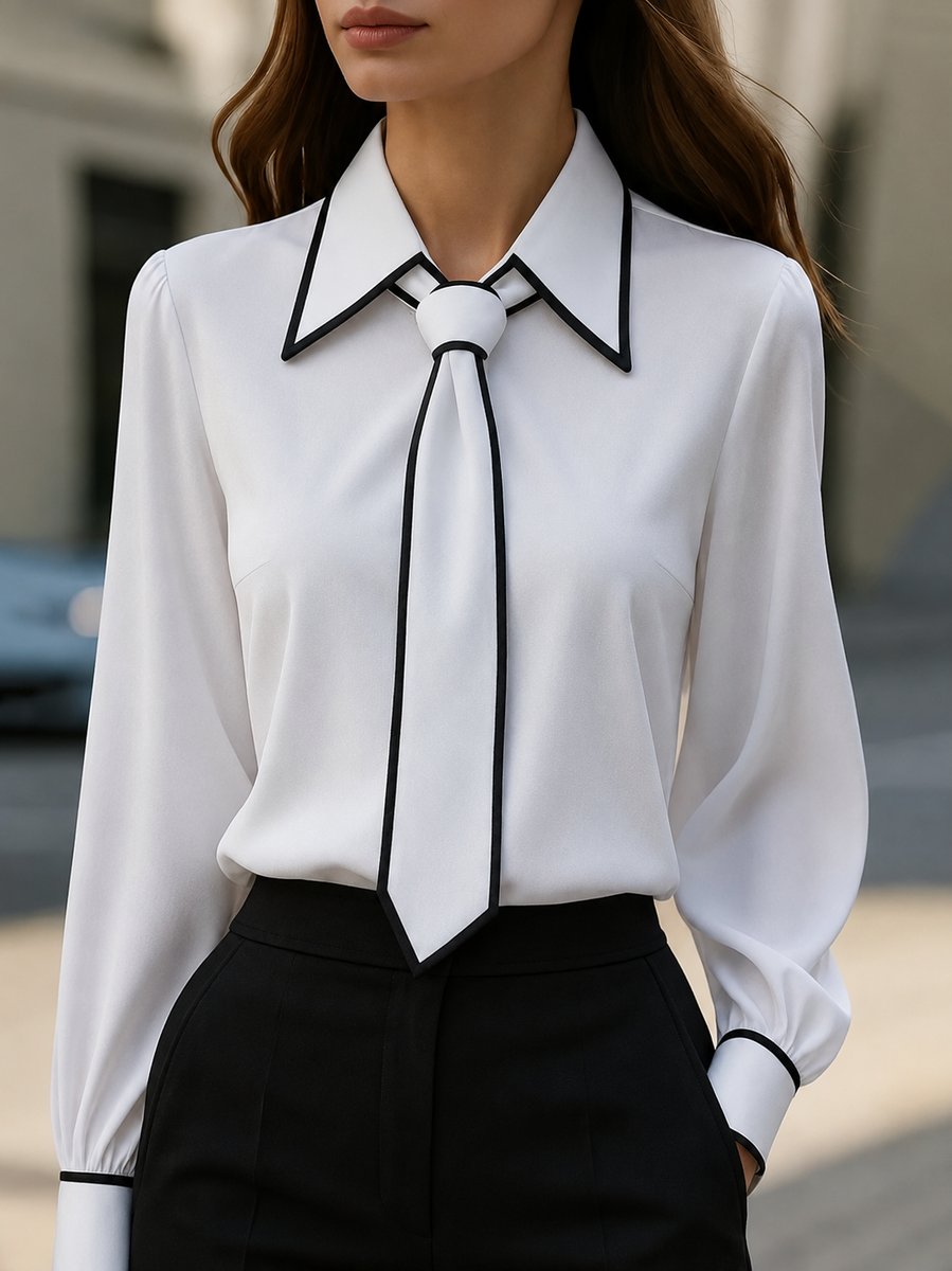 Maren | Women's Tie Neck Collared Long Sleeve Blouse - White - Image 1