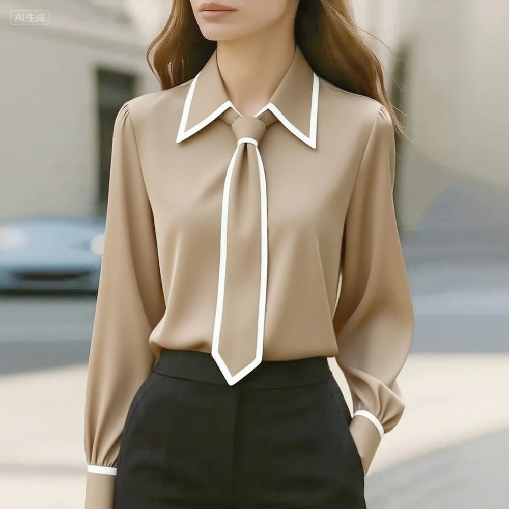 Maren | Women's Tie Neck Collared Long Sleeve Blouse - White - Image 2