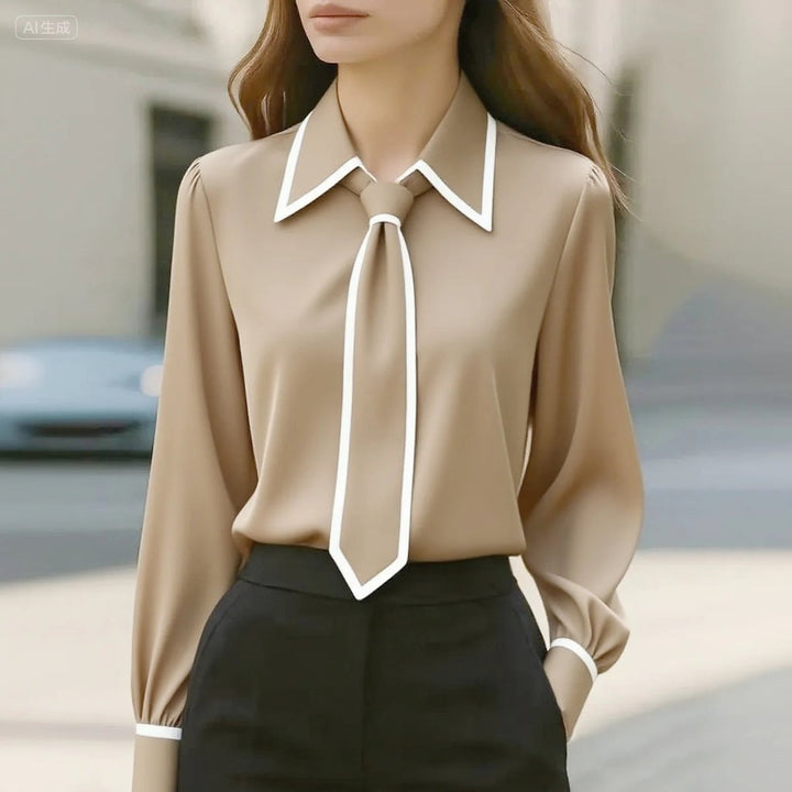 Maren | Women's Tie Neck Collared Long Sleeve Blouse - White - Image 2