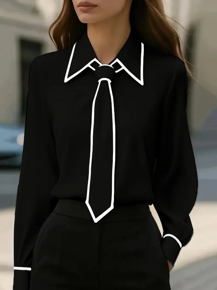 Maren | Women's Tie Neck Collared Long Sleeve Blouse - White - Image 3
