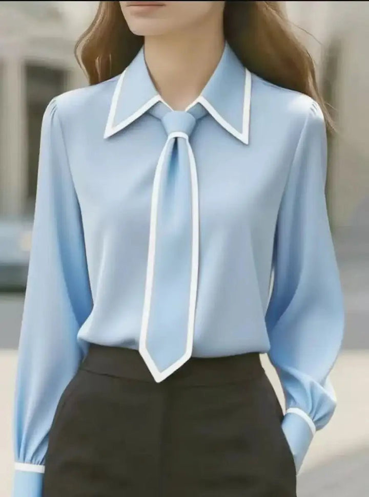 Maren | Women's Tie Neck Collared Long Sleeve Blouse - White - Image 4