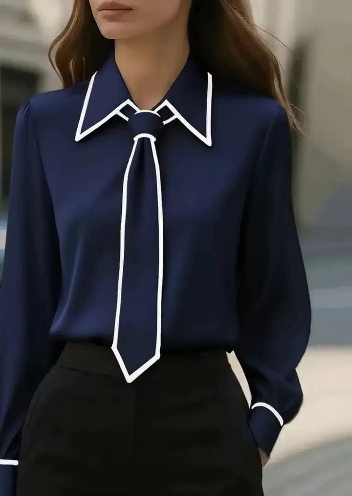 Maren | Women's Tie Neck Collared Long Sleeve Blouse - White - Image 5