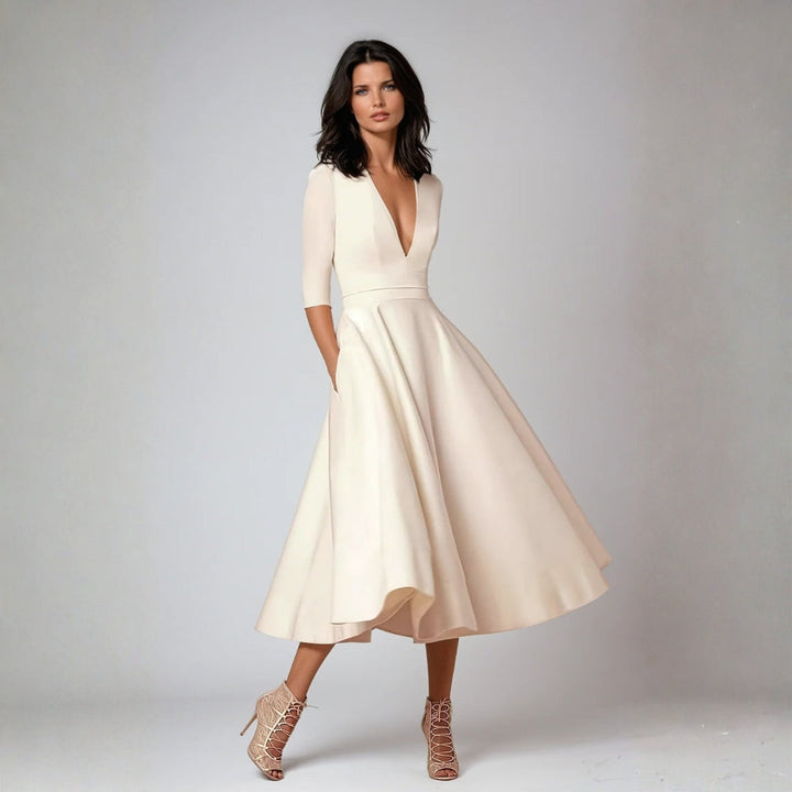 Marisol | Women's Deep V-Neck Fit and Flare Midi Dress - Cream - Image 1