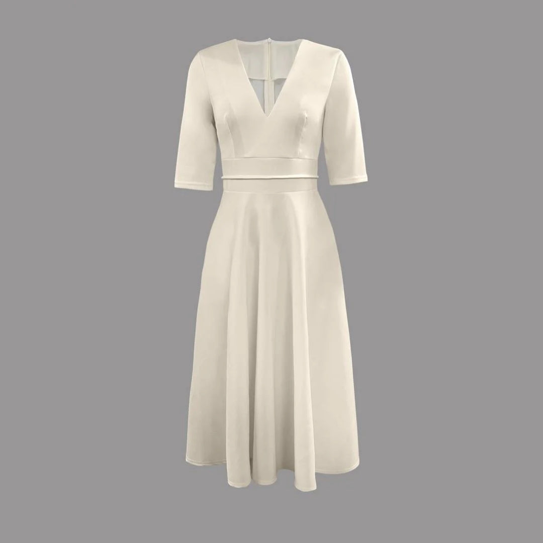 Marisol | Women's Deep V-Neck Fit and Flare Midi Dress - Cream - Image 2