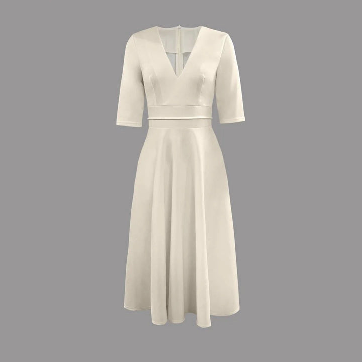Marisol | Women's Deep V-Neck Fit and Flare Midi Dress - Cream - Image 2