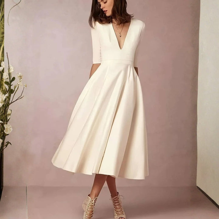 Marisol | Women's Deep V-Neck Fit and Flare Midi Dress - Cream - Image 3