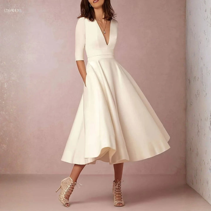 Marisol | Women's Deep V-Neck Fit and Flare Midi Dress - Cream - Image 4