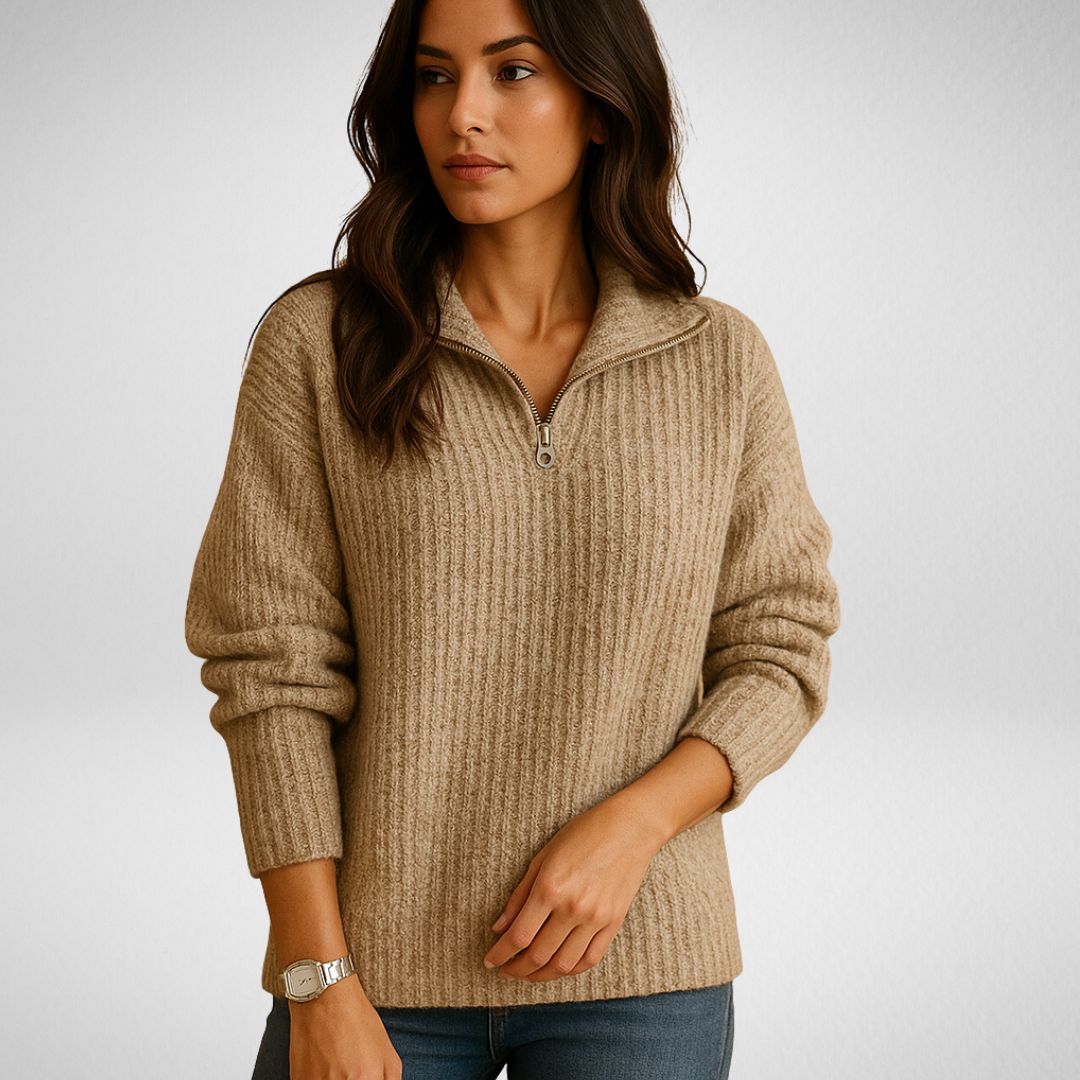Marlena | Women's Half-Zip Ribbed Knit Sweater - Camel - Image 1