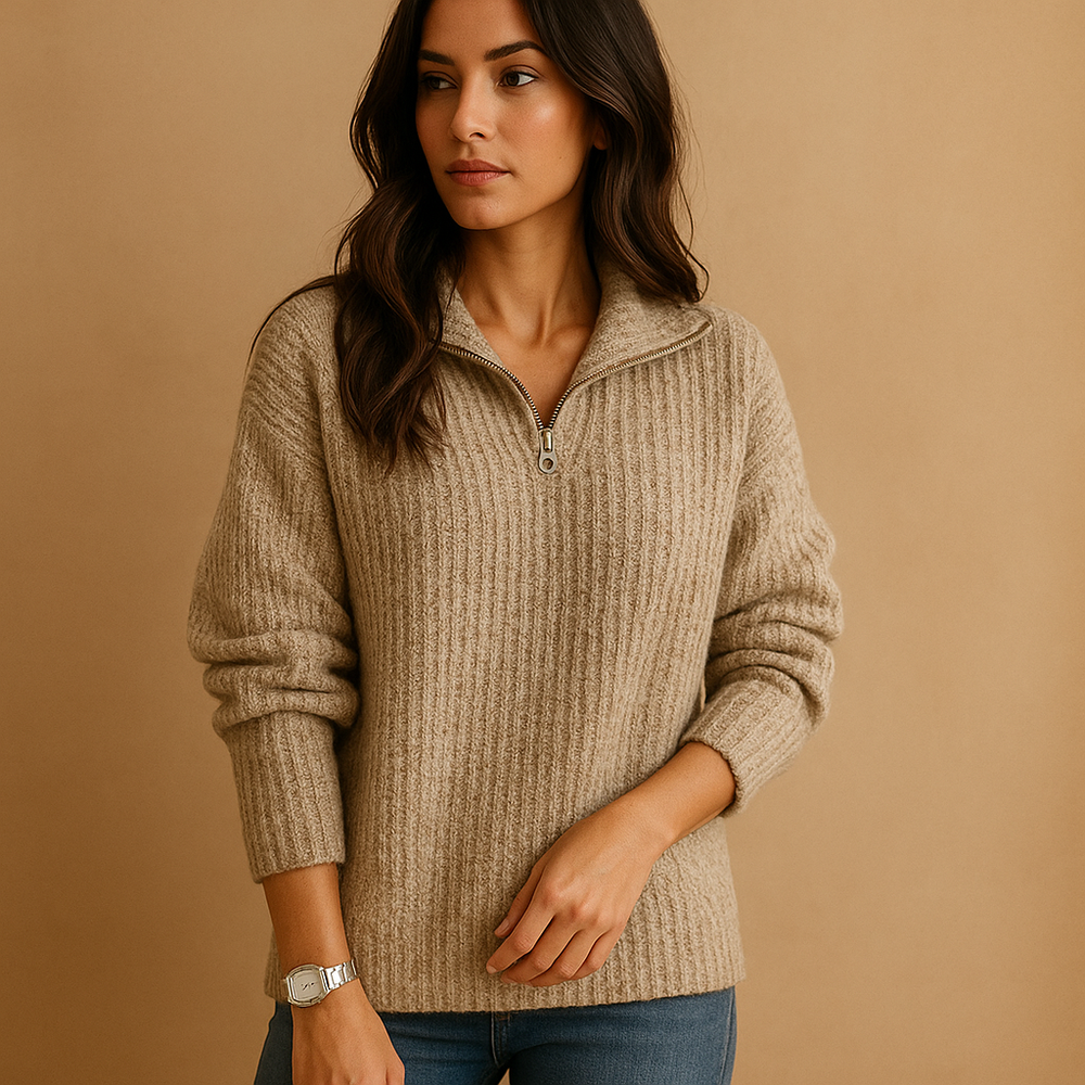 Marlena | Women's Half-Zip Ribbed Knit Sweater - Camel - Image 2
