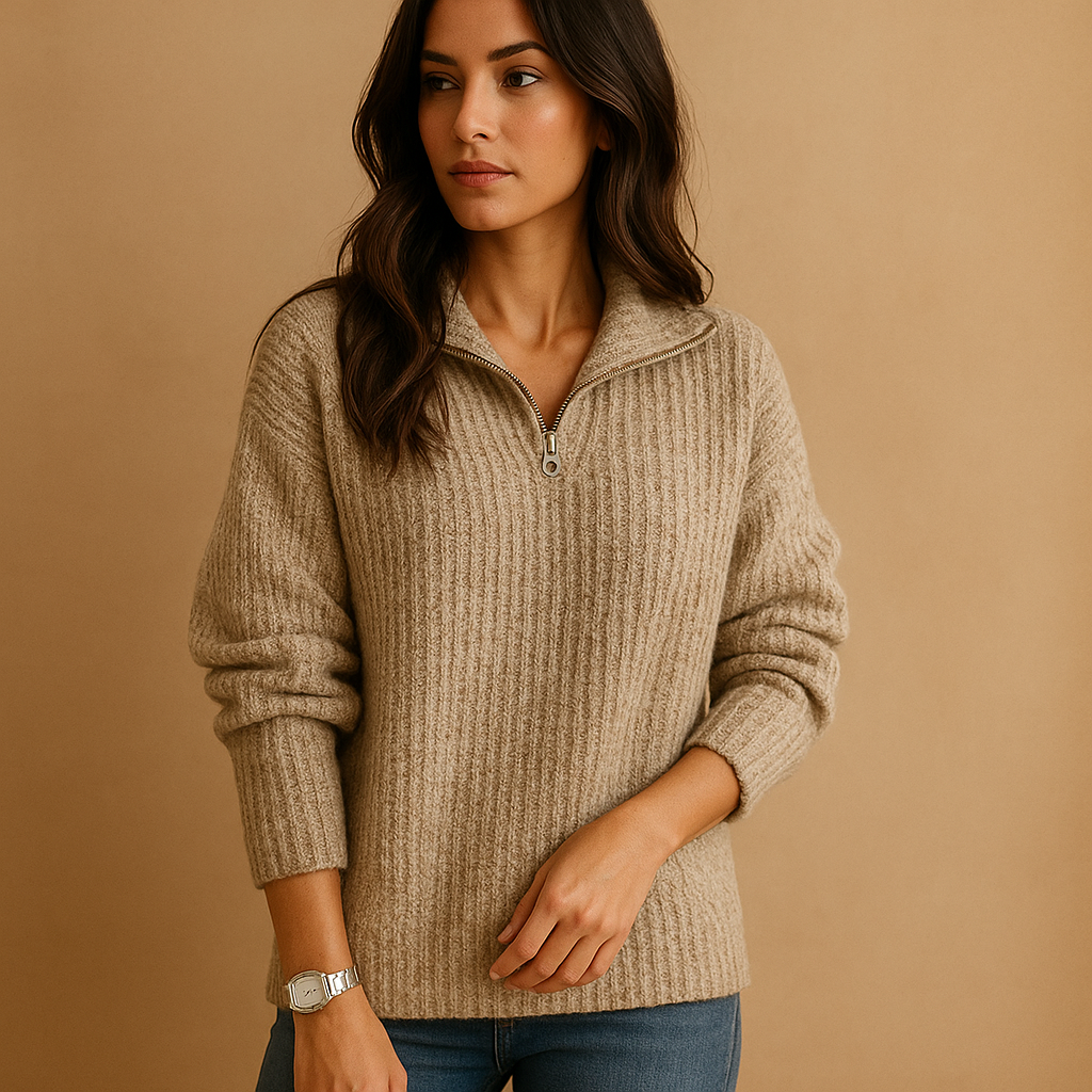 Marlena | Women's Half-Zip Ribbed Knit Sweater - Camel - Image 2