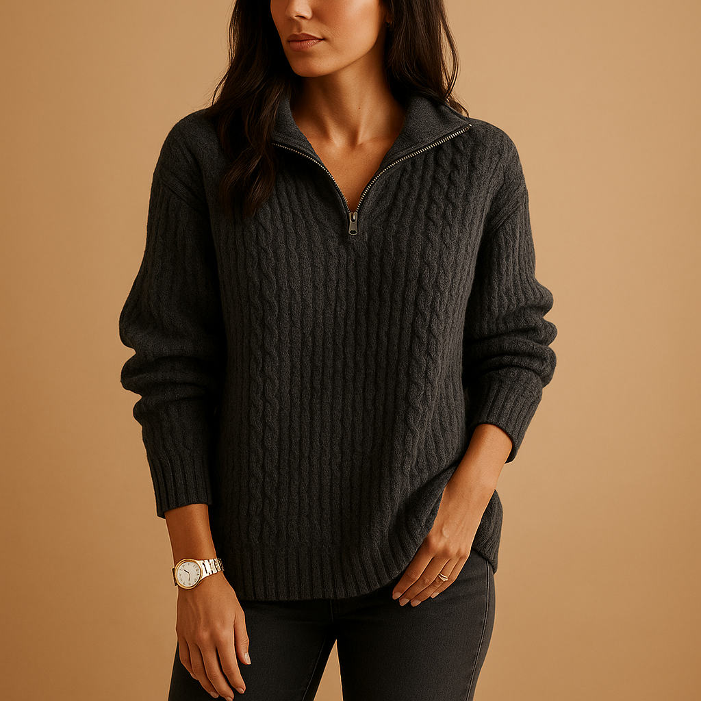 Marlena | Women's Half-Zip Ribbed Knit Sweater - Camel - Image 3