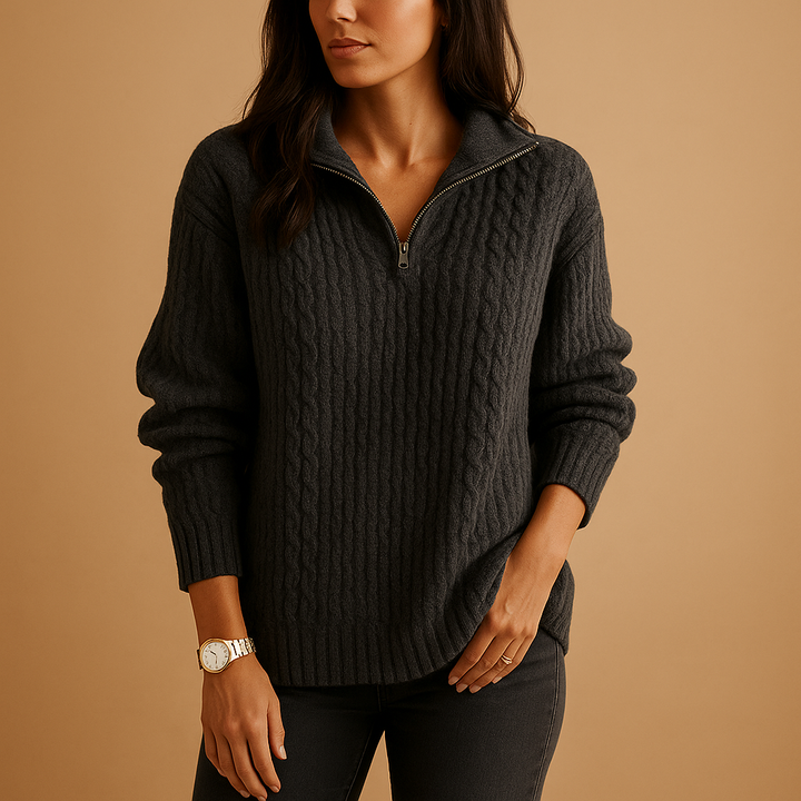 Marlena | Women's Half-Zip Ribbed Knit Sweater - Camel - Image 3