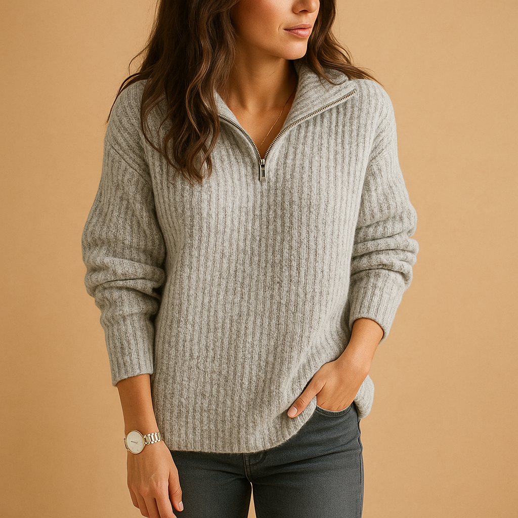 Marlena | Women's Half-Zip Ribbed Knit Sweater - Camel - Image 4