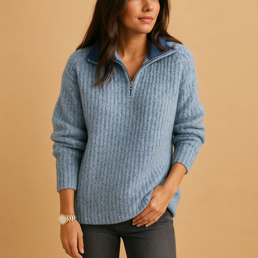 Marlena | Women's Half-Zip Ribbed Knit Sweater - Camel - Image 5