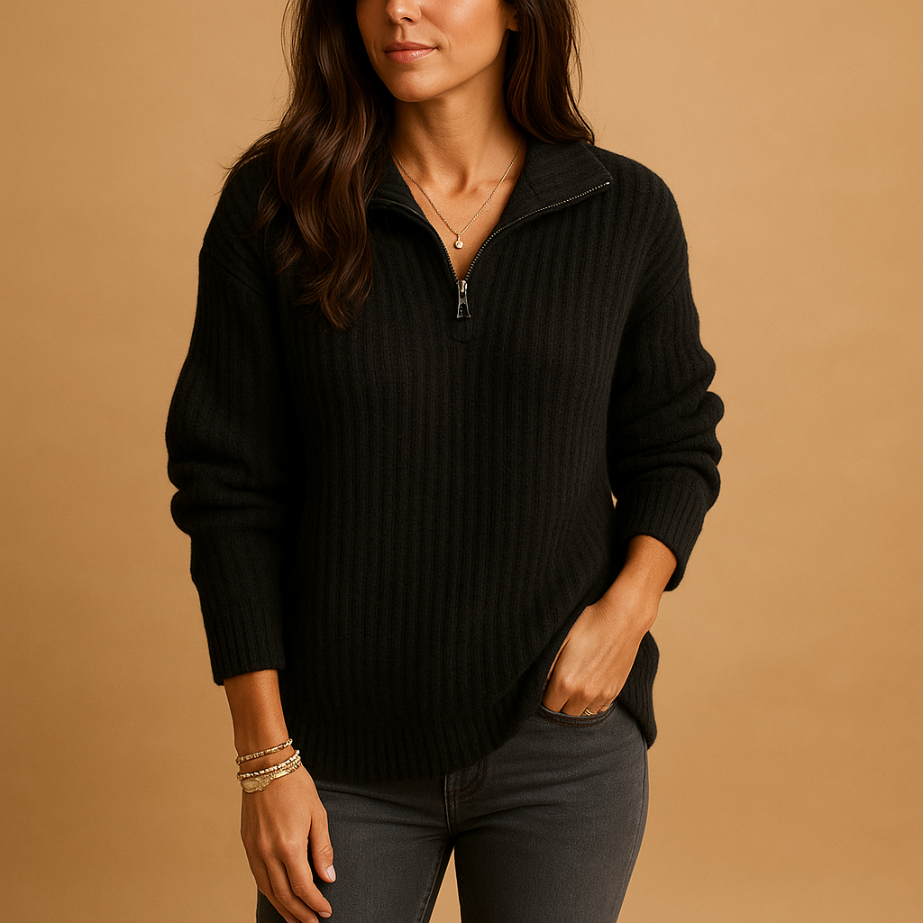 Marlena | Women's Half-Zip Ribbed Knit Sweater - Camel - Image 6