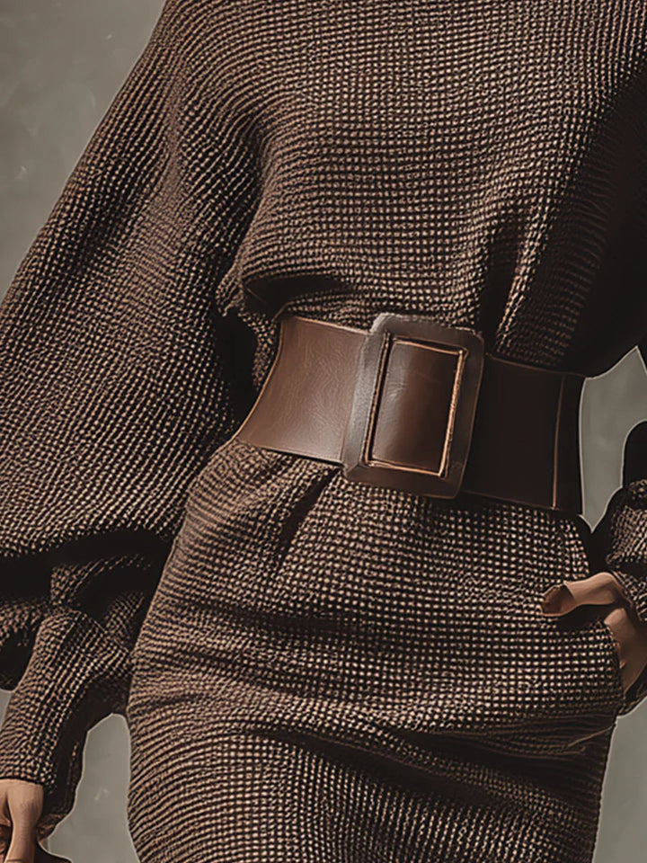 Marlowe | Women's Knit Sweater Mini Dress with Belt - Brown - Image 3