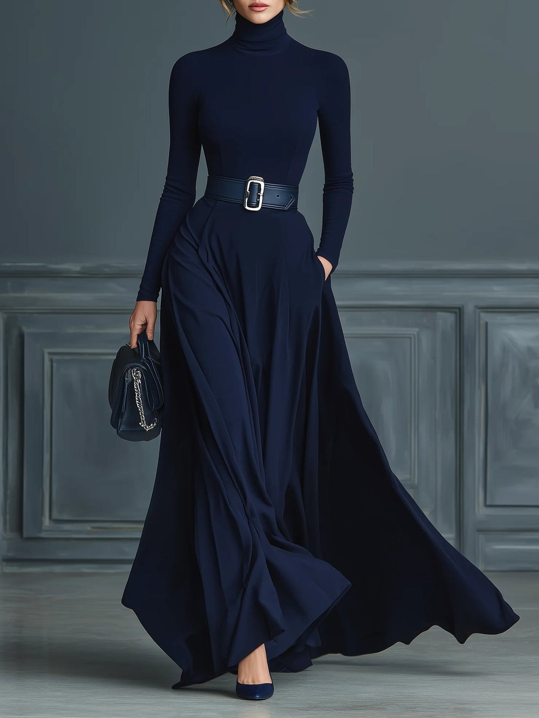Marlowe | Women's Knit Turtleneck Maxi Dress with Belt - Navy - Image 1
