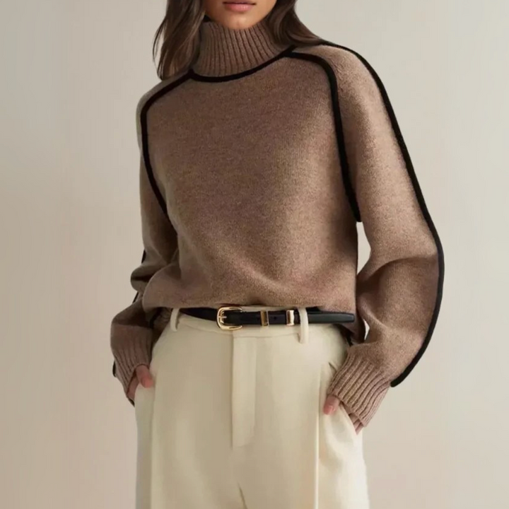Mervyn | Women's Turtleneck Sweater with Contrast Piping - Camel - Image 1