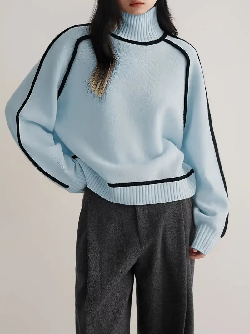Mervyn | Women's Turtleneck Sweater with Contrast Piping - Camel - Image 11