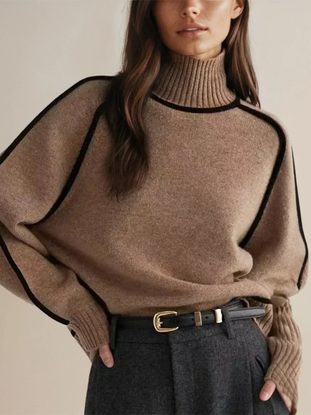 Mervyn | Women's Turtleneck Sweater with Contrast Piping - Camel - Image 3