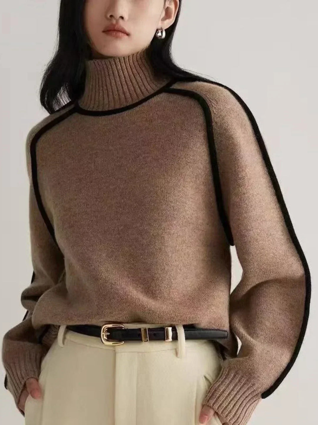 Mervyn | Women's Turtleneck Sweater with Contrast Piping - Camel - Image 4