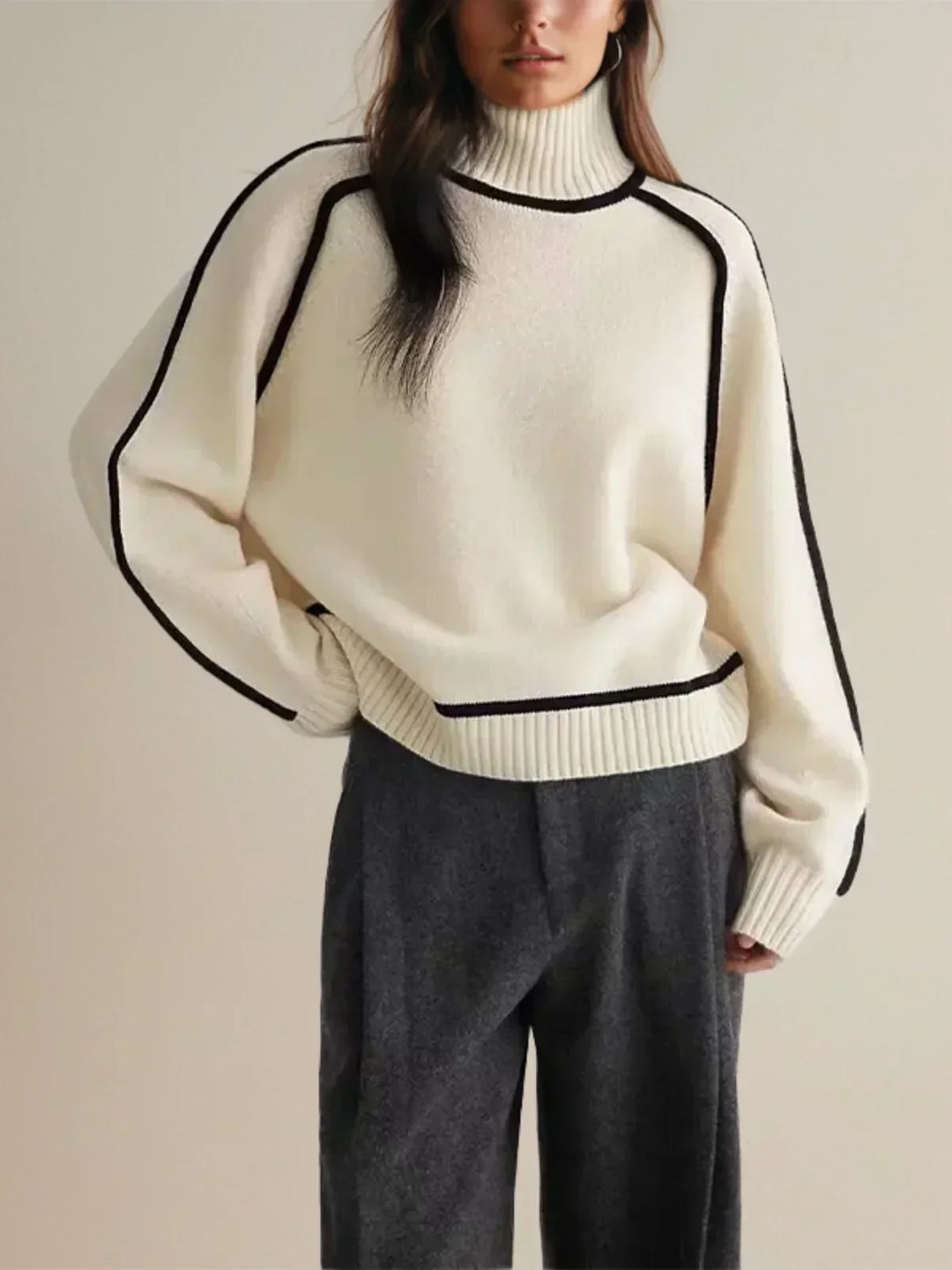 Mervyn | Women's Turtleneck Sweater with Contrast Piping - Camel - Image 6