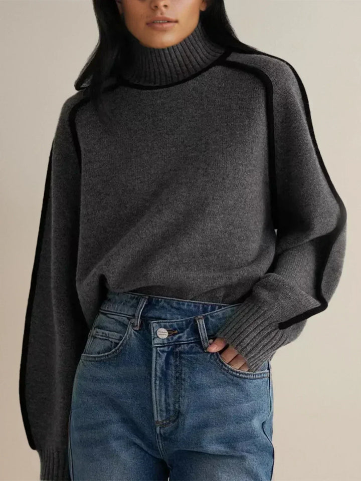 Mervyn | Women's Turtleneck Sweater with Contrast Piping - Camel - Image 8