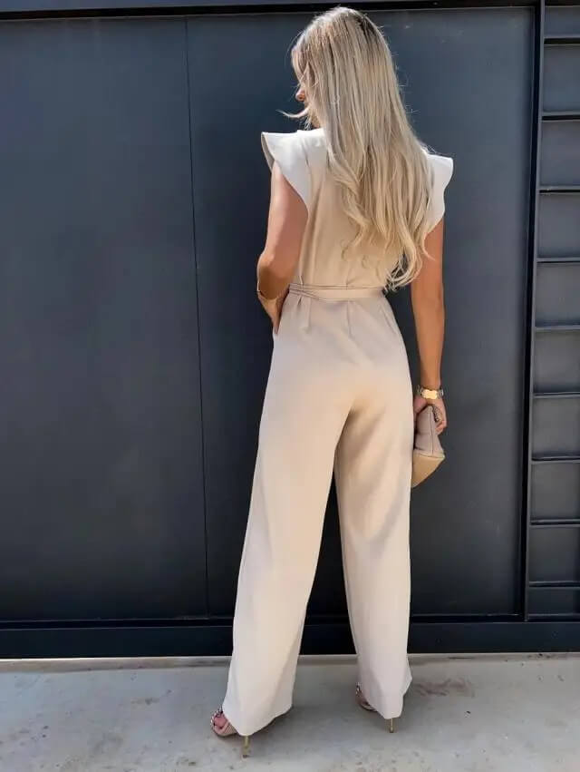 Miriam | Women's Flutter Sleeve Wide Leg Jumpsuit - Beige - Image 2