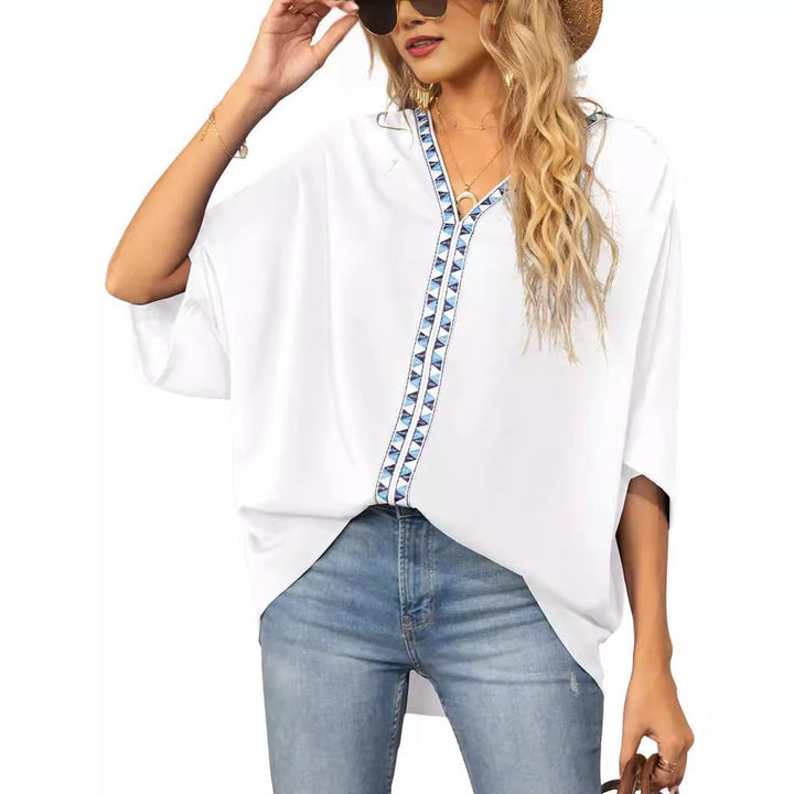 Nadia | Women's Boho Embroidered Oversized V-Neck Tunic - White - Image 1