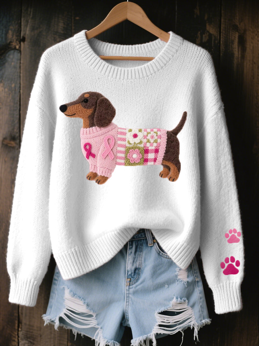 Naoni | Women's Dachshund Graphic Knit Sweater - Pink - Image 3