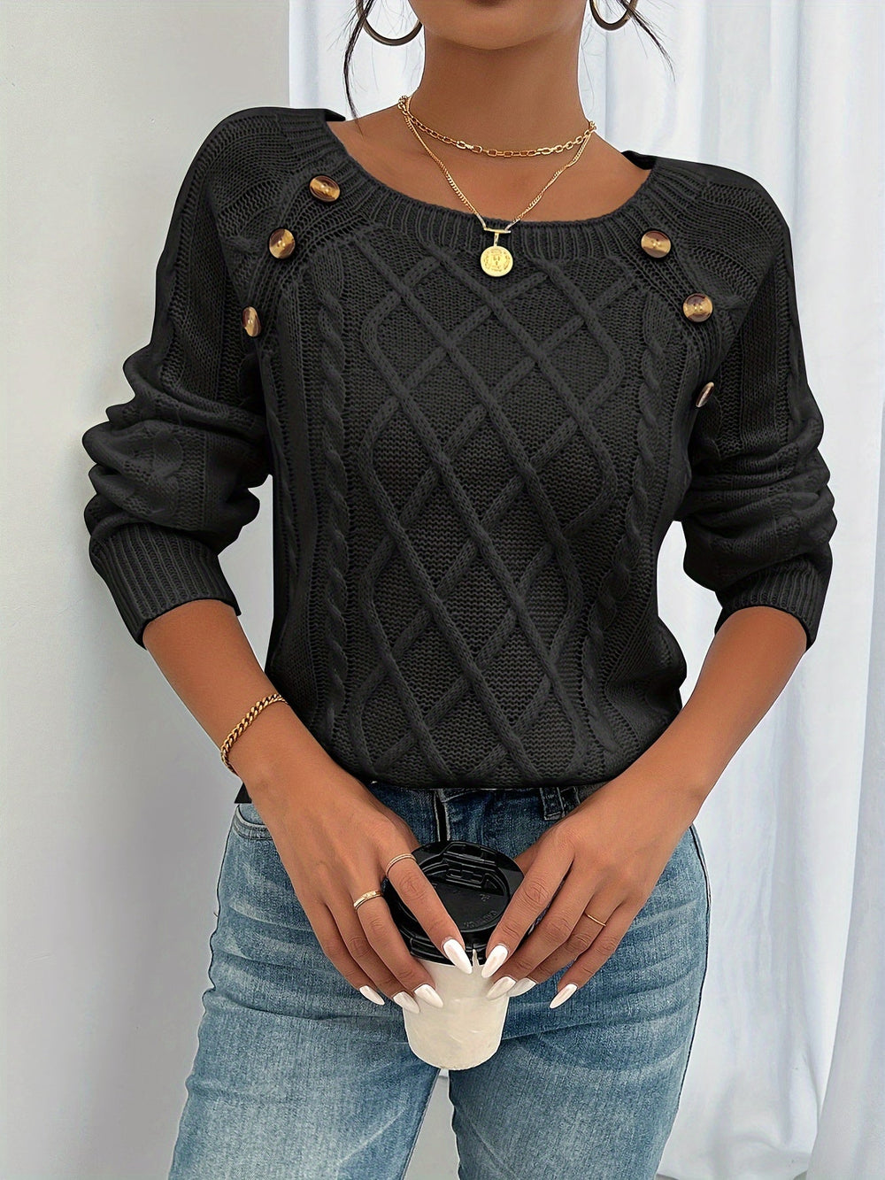Odaline | Women's Cable Knit Pullover Sweater - Black - Image 2