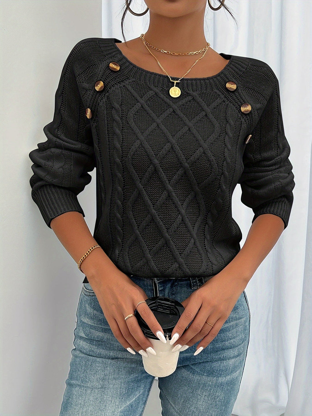Odaline | Women's Cable Knit Pullover Sweater - Black - Image 2
