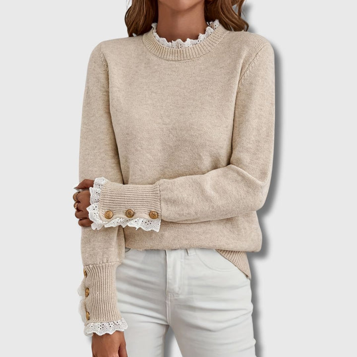 Odalys | Women's Lace Trim Knit Pullover Sweater - Beige - Image 1