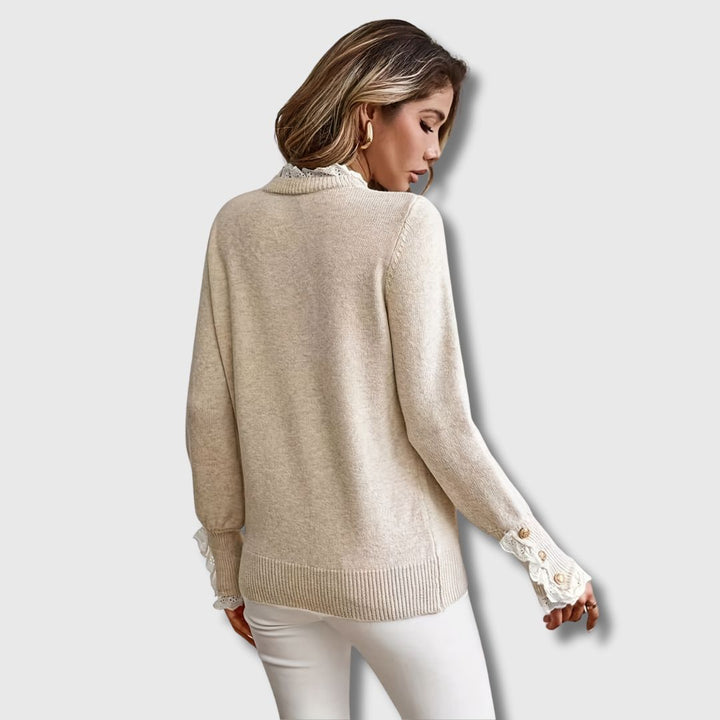 Odalys | Women's Lace Trim Knit Pullover Sweater - Beige - Image 2