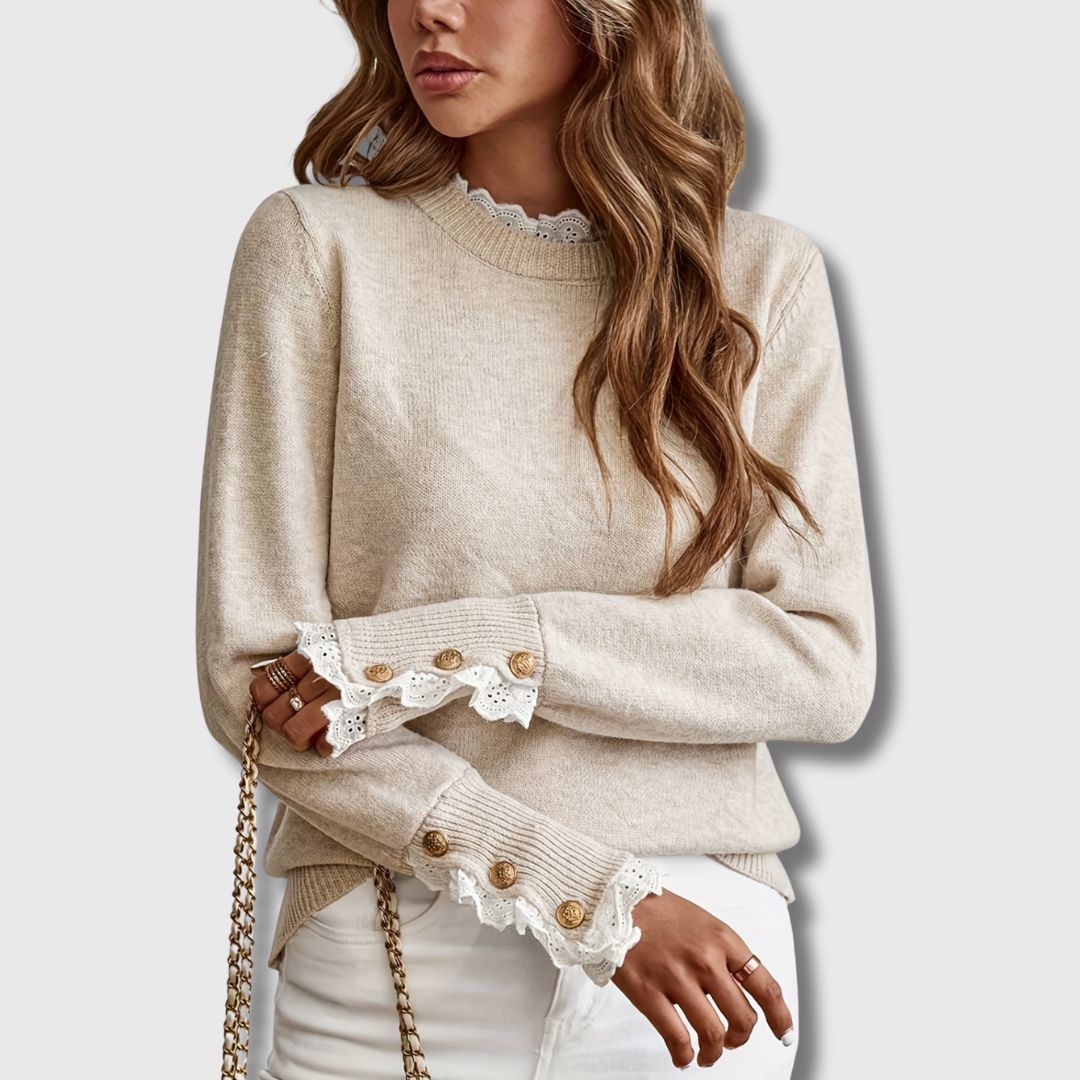 Odalys | Women's Lace Trim Knit Pullover Sweater - Beige - Image 4